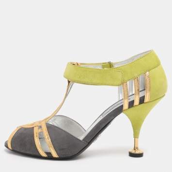 Pre Owned Prada Multicolor Leather and Suede T-Strap Sandals Size 38