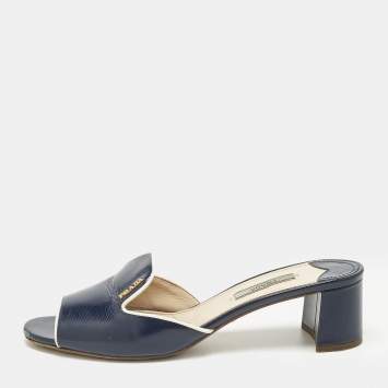 Pre Owned Prada Navy Blue Saffiano Leather Slide Sandals Size 38.5