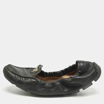 Pre Owned Prada Black Leather Scrunch Ballet Flats Size 39