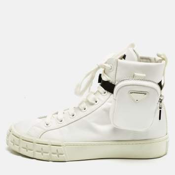 Pre Owned Prada White Re-Nylon Gabardine Metal Triangle Pouch Pocket Sneakers Size 39