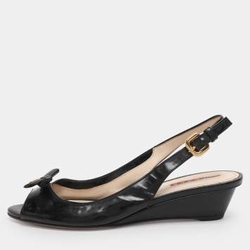 Pre Owned Prada Black Patent Leather Bow Slingback Sandals Size 38