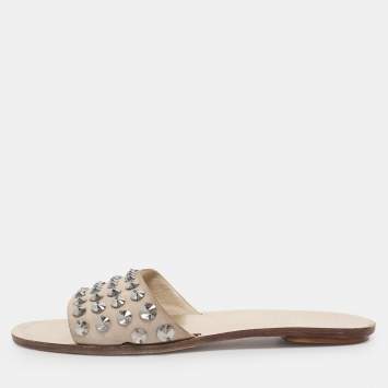 Pre Owned Prada Beige Suede Crystal Embellished Slide Sandals Size 40.5