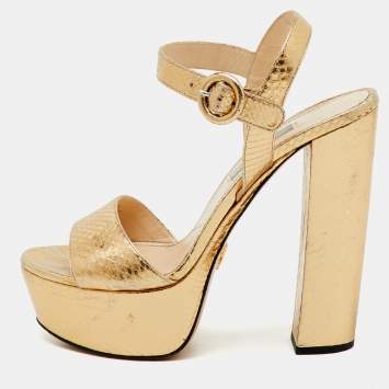 Pre Owned Prada Metallic Gold Python Embossed Leather Ankle Strap Platform Sandals Size 36.5
