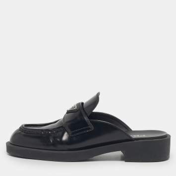 Pre Owned Prada Black Brushed Leather Logo Mules Size 39