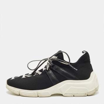 Pre Owned Prada Black Knit Fabric and Leather Lace Up Sneakers Size 35