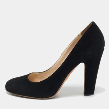 Pre Owned Prada Black Suede Block Heel Pumps Size 36.5