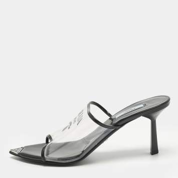 Pre Owned Prada Transparent PVC Logo Open Toe Mules Size 39.5