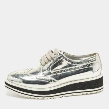 Pre Owned Prada Silver Patent Leather Derby Sneakers Size 37