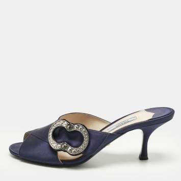 Pre Owned Prada Navy Blue Satin Crystal Embellished Slide Sandals Size 38