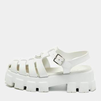 Pre Owned Prada White Leather Monolith Ankle Strap Sandals Size 39