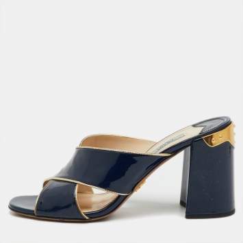 Pre Owned Prada Navy Blue Patent Leather Criss Cross Block Heel Slide Sandals Size 40.5