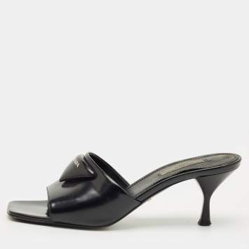 Pre Owned Prada Black Patent Leather Logo Slide Sandals Size 39