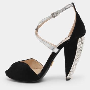 Pre Owned Prada Black Suede Ankle Strap Sandals Size 38.5