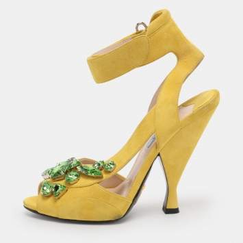 Pre Owned Prada Yellow Crystal Embellished Suede Leather Ankle Cuff Sandals Size 38.5
