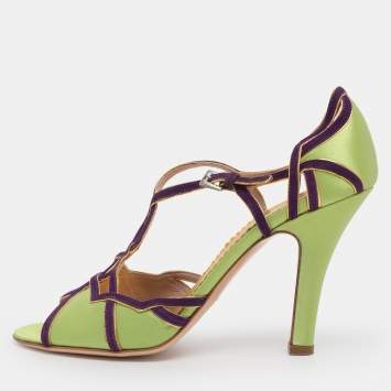 Pre Owned Prada Green/Purple Satin and Suede Ankle Strap Sandals Size 38.5