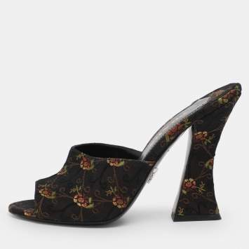 Pre Owned Prada Metallic Floral Embroidered Jacquard Slide Sandals Size 38