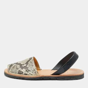 Pre Owned Prada Grey Python and Leather Flat Slingback Sandals Size 39.5