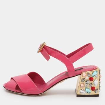 Pre Owned Dolce & Gabbana Pink Patent Leather Crystal Embellished Heel Ankle Strap Sandals Size 38.5