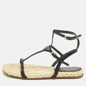 Pre Owned Prada Black Leather Ankle Strap Espadrille Sandals Size 41