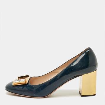 Pre Owned Prada Teal Green Patent Leather Buckle Crystal Pumps Size 38.5