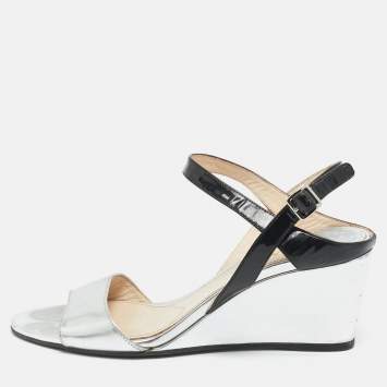 Pre Owned Prada Black/Silver Patent Leather Wedge Slingback Sandals Size 38.5