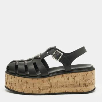 Pre Owned Prada Black Rubber Monolith Platform Cork Sandals Size 41