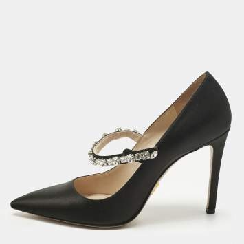 Pre Owned Prada Black Satin Crystal Embellished Pointed Toe Pumps Size 37