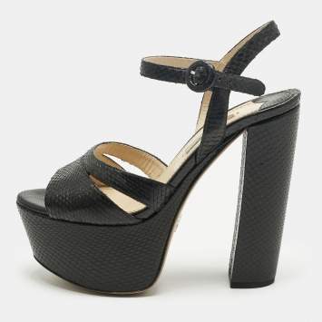 مملوكة مسبقًا Prada Black Snakeskin Leather Ankle Strap Sandals Size 36