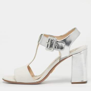 Pre Owned Prada White/Silver Leather Block Heel Ankle Strap Sandals Size 38