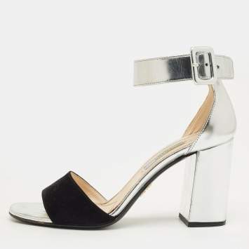 Pre Owned Prada Silver Patent Leather and Suede Ankle Strap Sandals Size 37.5