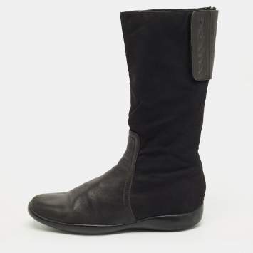 Pre Owned Prada Black Leather Knee Length Boots Size 37