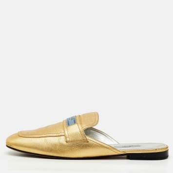 Pre Owned Prada Metallic Gold Leather Flat Mules Size 42