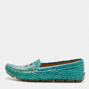 Pre Owned Prada Teal Crocodile Leather Penny Loafers Size 36.5