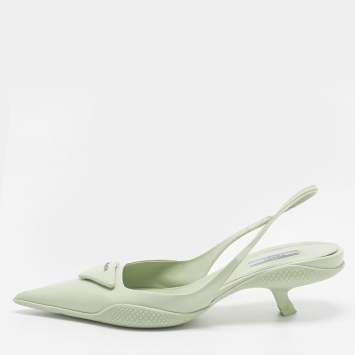 Pre Owned Prada Green Leather Pointed Toe Slingback Pumps 39.5