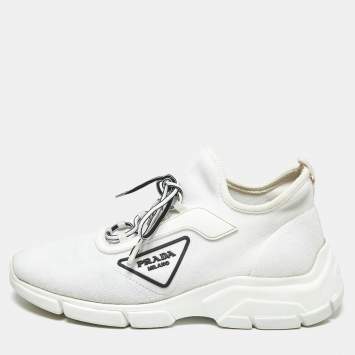 Pre Owned Prada White Knit Fabric Logo Low Top Sneakers Size 37.5