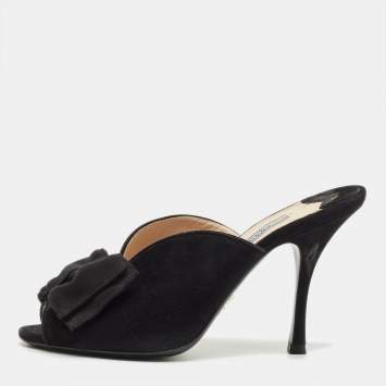 Pre Owned Prada Black Suede Grosgrain Peep Toe Mules  Size 36