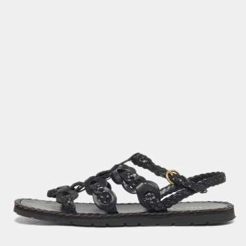 Pre Owned Prada Black Woven Leather Slingback Sandals Size 40