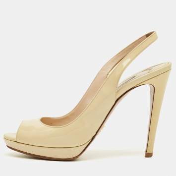 Pre Owned Prada Cream Patent Leather Peep Toe Slingback Pumps Size 38.5
