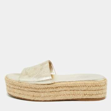 Pre Owned Prada Gold Leather Espadrille Platform Sandals Size 36