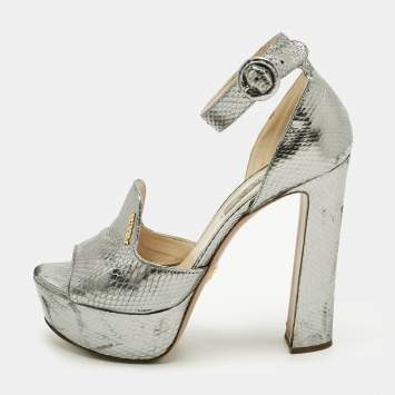Pre Owned Prada Metallic Silver Python Embossed Leather Ankle Strap Platform Sandals Size 38.5