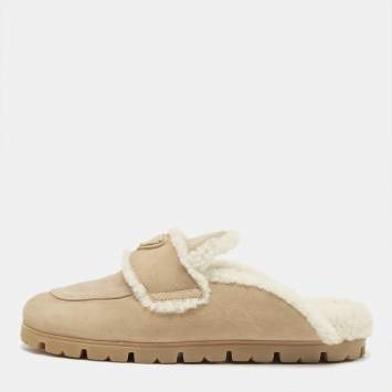 Pre Owned Prada Beige/White Shearling and Suede Mules Size 40