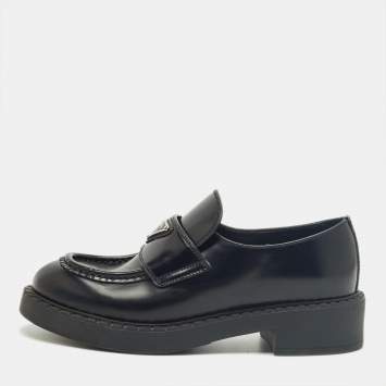Pre Owned Prada Black Brushed Leather Slip On Loafers Size 35.5