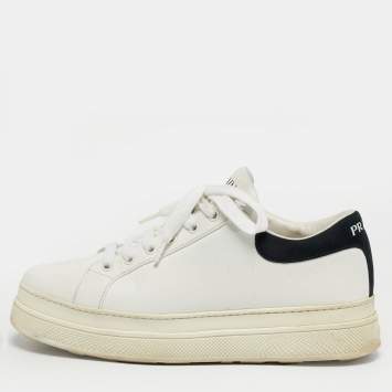 Pre Owned حذاء رياضي برادا جلد أبيض/أسود ليز أب لو توب مقاس 38.5