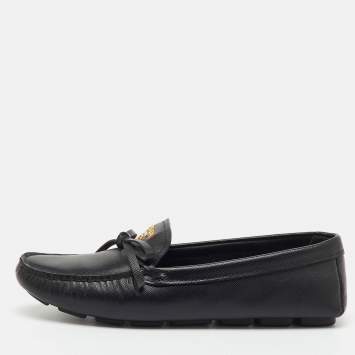 مملوكة مسبقًا Prada Black Saffiano Leather Logo Bow Slip On Loafers Size 38.5