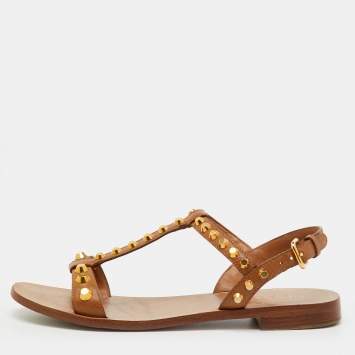 Pre Owned Prada Brown Leather Studded Flat Sandals Size 36