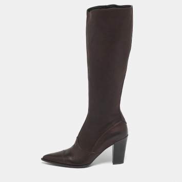 Pre Owned Prada Dark Brown Leather Knee Length Boots Size 38