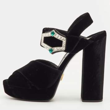 Pre Owned Prada Size 40 Black Velvet Cross Strap Platform Crystal Block Heel Sandals