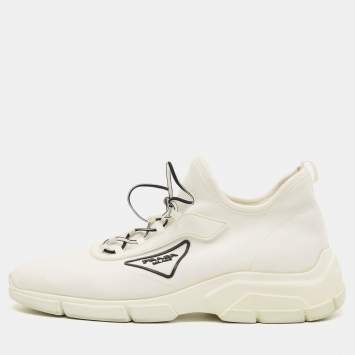 Pre Owned Prada Size 40.5 White Knit Fabric Lace Up Sneakers