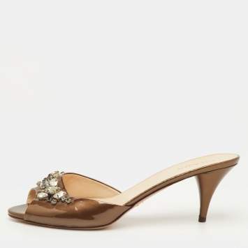 Pre Owned Prada Size 41.5 Brown Crystal Embellished Patent Leather Slide Sandals