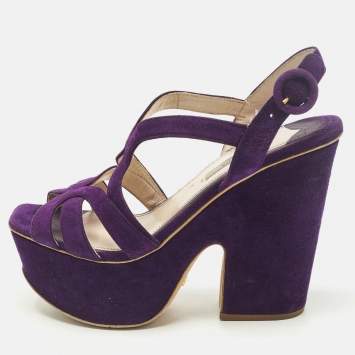 Pre Owned Prada Size 38.5 Purple Suede Strappy Platform Sandals